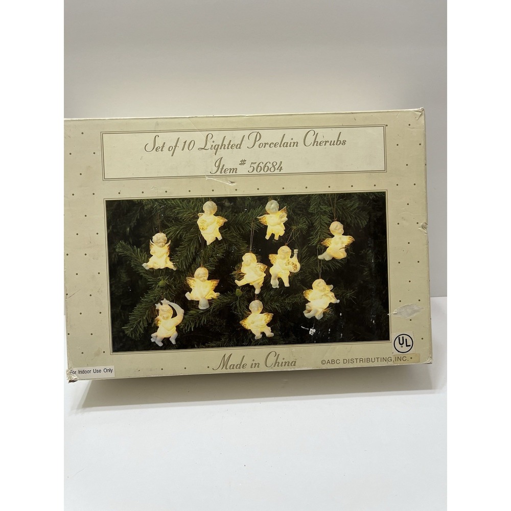 Vtg Christmas Set Of 10 Lighted Porcelain Cherubs Corded Electric Original Box